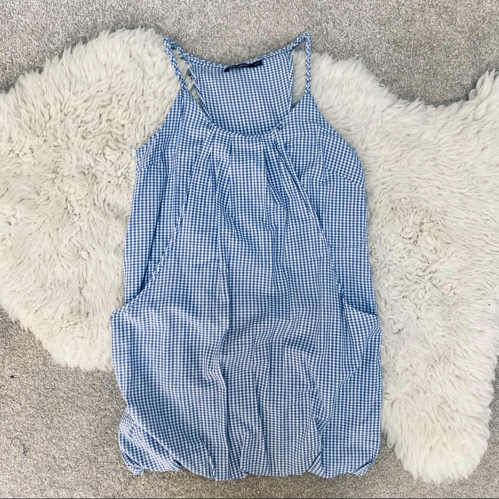 Blue gingham print summer picnic mini dress with pockets